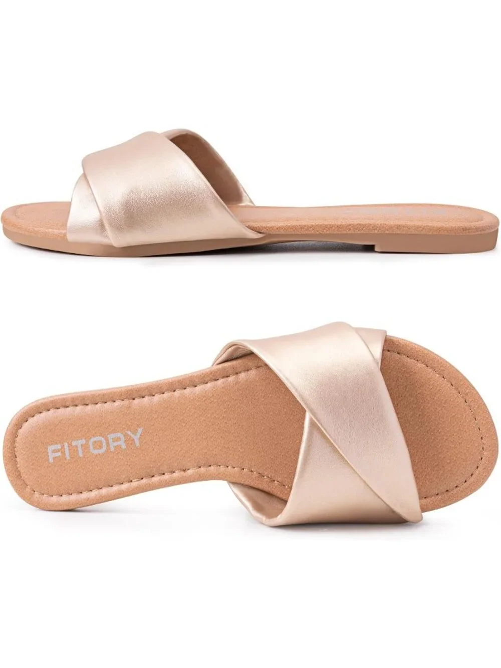 Women's Gold Flat Sandals Fashion Slides With Soft Leather Slippers for Summer